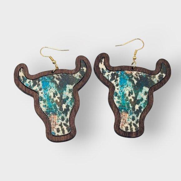 Jewelry - NWT Brown Cow Print Style Boho Western Longhorn Aztec Cowhide Print Wood